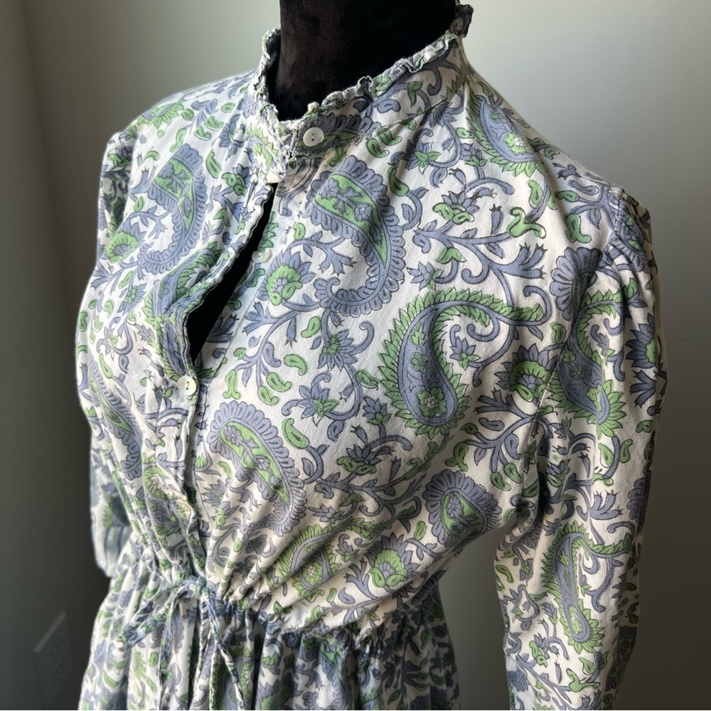 Women’s Paisley Drawstring Waist Dress in White, Green & Blue - Picture 7 of 12